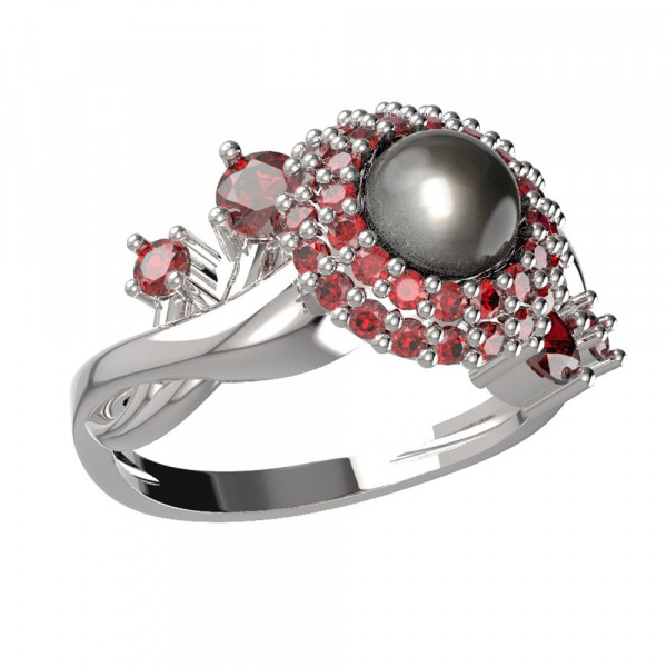 BG stříbrný prsten vsazena perla a granáty porhodiováno 540