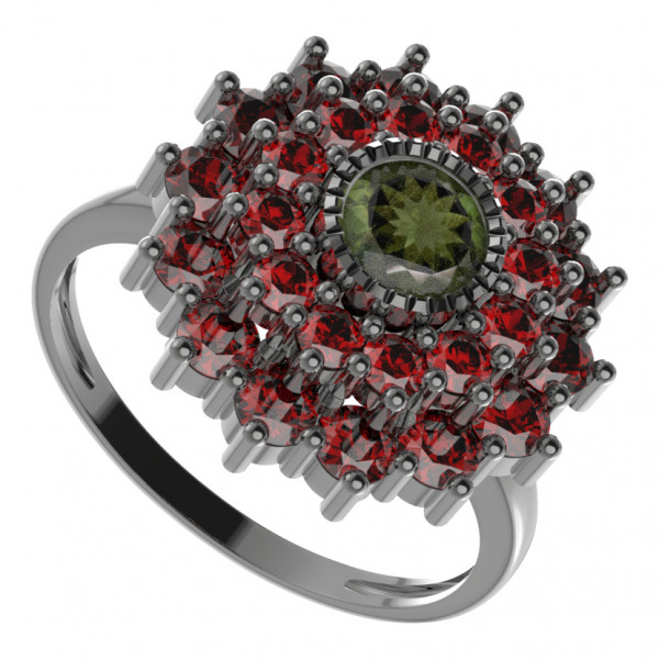 BG stříbrný prsten s přírodním granátem a vltavínem rhutenium 004