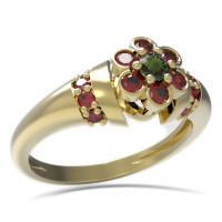 BG zlatý prsten s kameny čs. granát a vltavín   518
