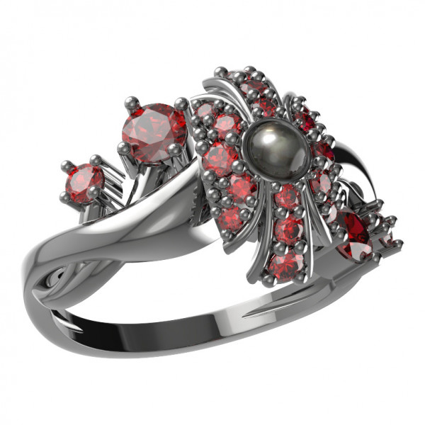 BG stříbrný prsten osázen-bílá perla a granáty rhutenium 537P