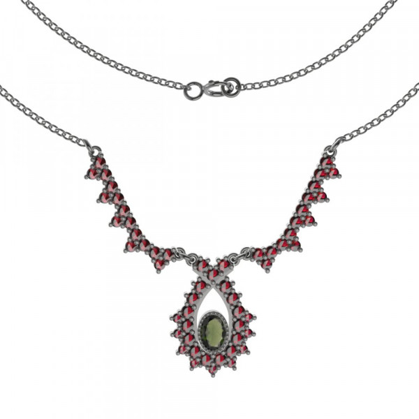 BG stříbrný náhrdelník s přírodním granátem a vltavínem rhutenium 180