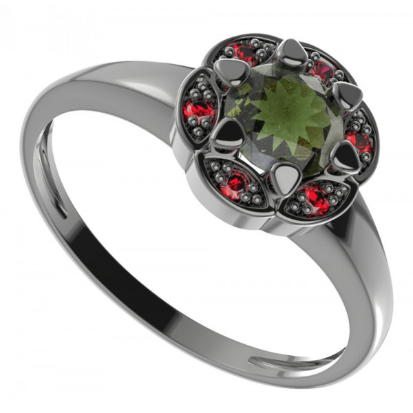 BG stříbrný prsten s kameny: český granát a vltavín rhutenium 994