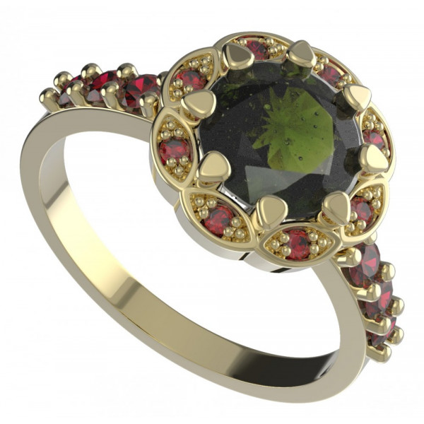 BG zlatý prsten s přírodním granátem a vltavínem   993