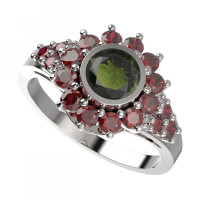 BG stříbrný prsten osázen kameny: granát a vltavín porhodiováno 946