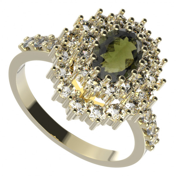 BG zlatý prsten osázen-vltavín a kubické zirkony   001Z