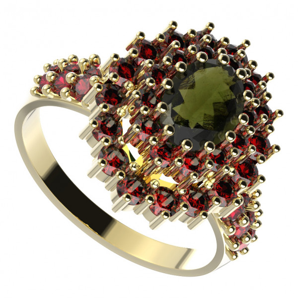 BG zlatý prsten osázen kameny: granát a vltavín   001