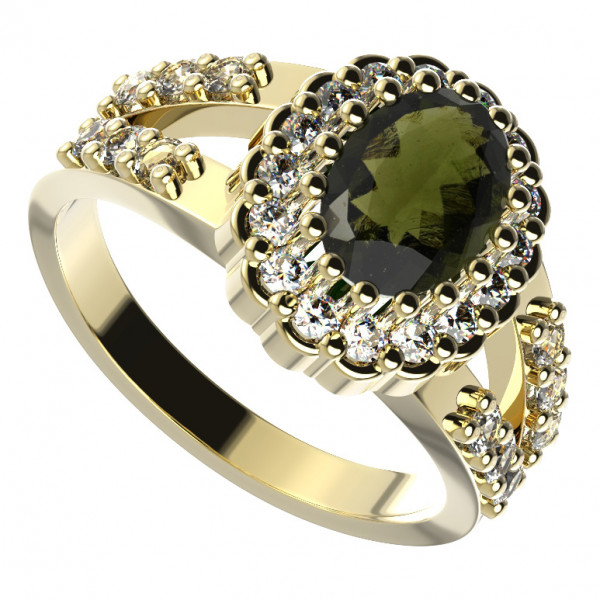BG zlatý prsten s vltavínem a kubickými zirkony   435Y
