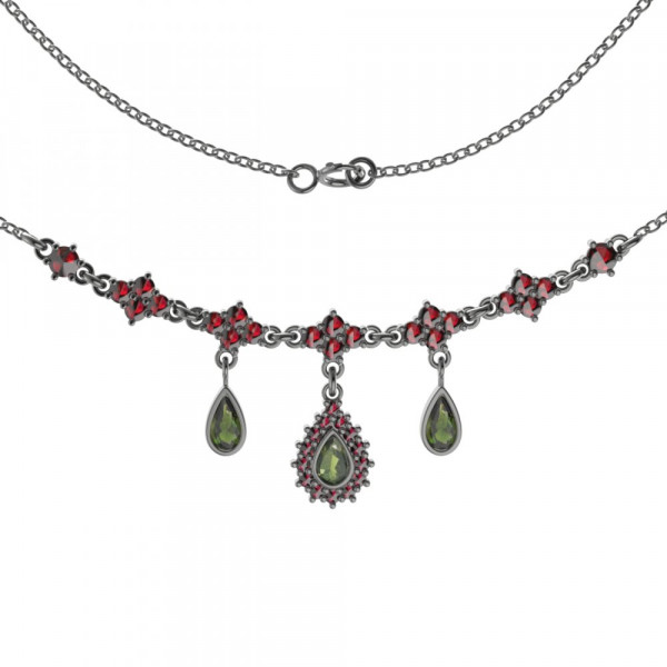 BG stříbrný náhrdelník vybroušený granát a vltavín rhutenium 054