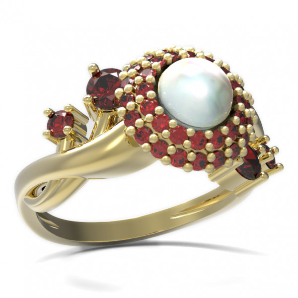 BG zlatý prsten osázen-bílá perla a granáty   540