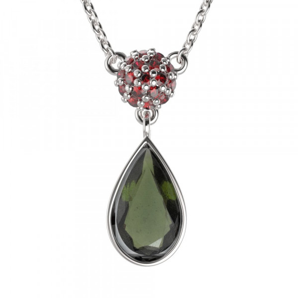 BG stříbrný náhrdelník s granátem a vltavínem porhodiováno 958