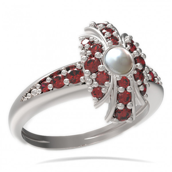 BG stříbrný prsten vsazena přírodní perla a granáty porhodiováno 537J