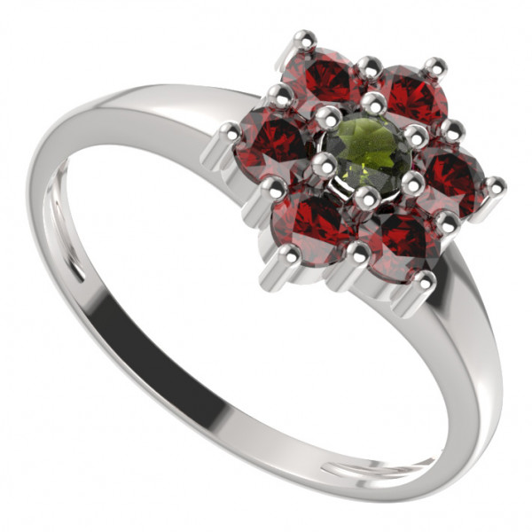 BG stříbrný prsten s přírodním granátem a vltavínem porhodiováno 002