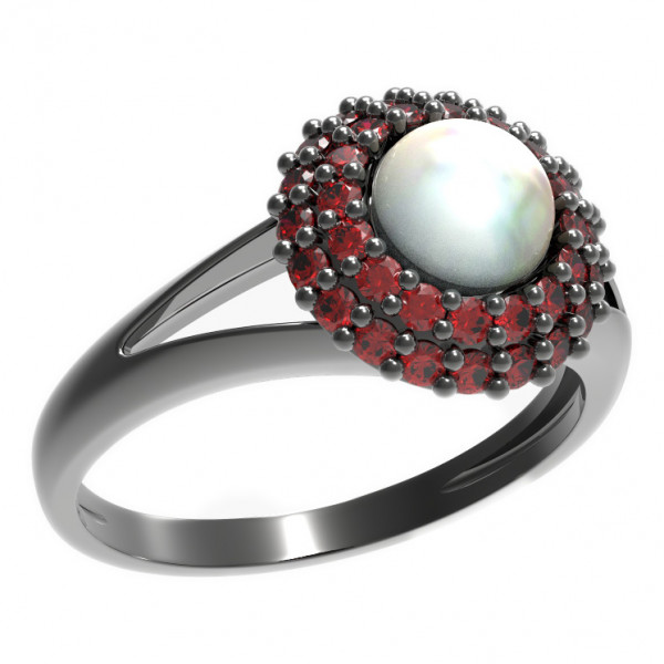 BG stříbrný prsten osázený: přírodní perla a granáty rhutenium 540V