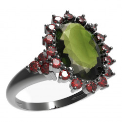 BG stříbrný prsten s kameny čs. granát a vltavín rhutenium 507