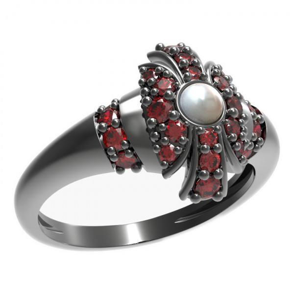 BG stříbrný prsten vsazena přírodní perla a granáty rhutenium 537K