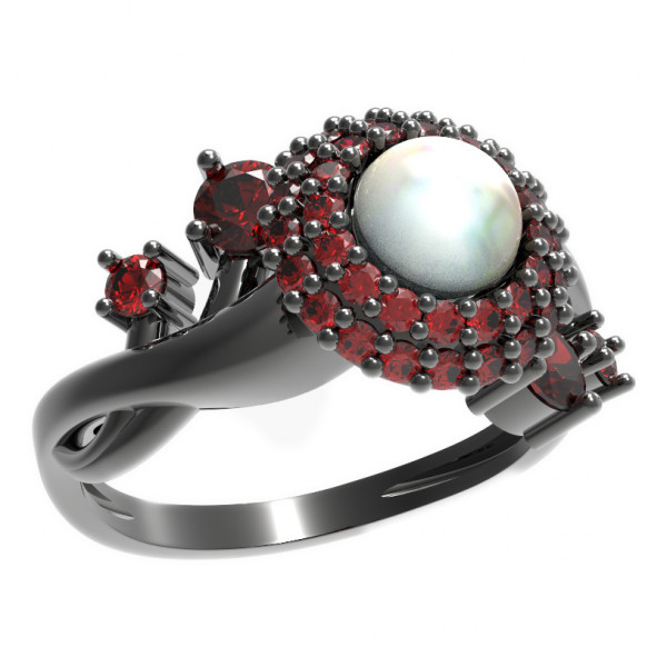BG stříbrný prsten s přírodní perlou a granáty rhutenium 540