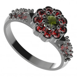 BG stříbrný prsten s přírodním granátem a vltavínem rhutenium 453