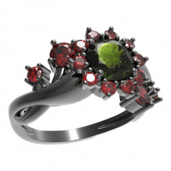 BG stříbrný prsten s kameny: český granát a vltavín rhutenium 511