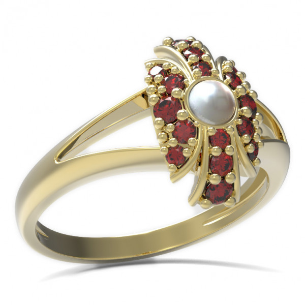 BG stříbrný prsten vsazena perla a granáty pozlaceno 537V