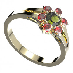 BG stříbrný prsten s kameny čs. granát a vltavín pozlaceno 978