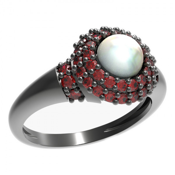 BG stříbrný prsten vsazena perla a granáty rhutenium 540K