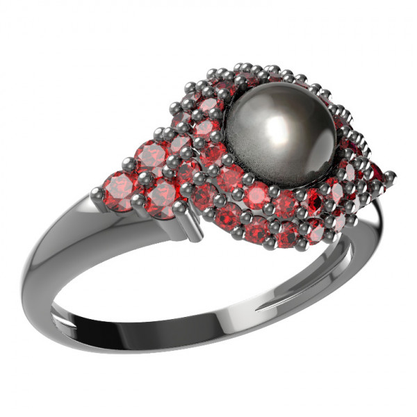 BG stříbrný prsten přírodní perla a granáty rhutenium 540U