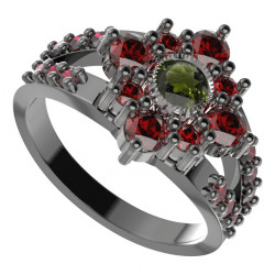 BG stříbrný prsten s kameny: český granát a vltavín rhutenium 105