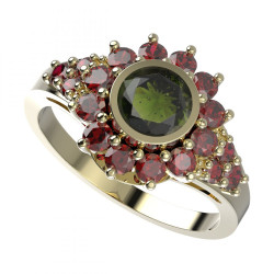 BG stříbrný prsten s kameny: český granát a vltavín pozlaceno 946