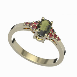 BG stříbrný prsten s kameny čs. granát a vltavín pozlaceno 984