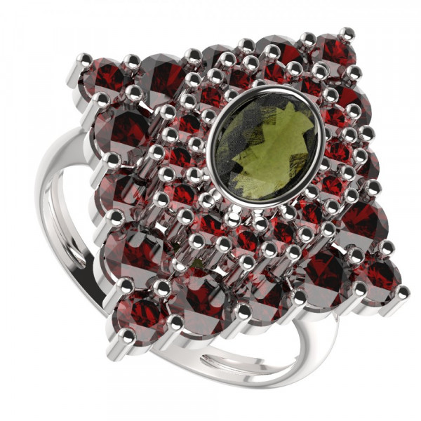 BG stříbrný prsten s přírodním granátem a vltavínem porhodiováno 262