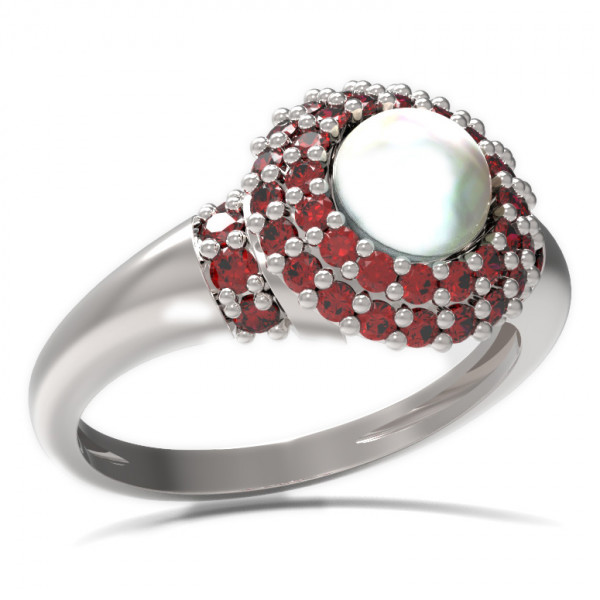 BG stříbrný prsten vsazena přírodní perla a granáty porhodiováno 540K
