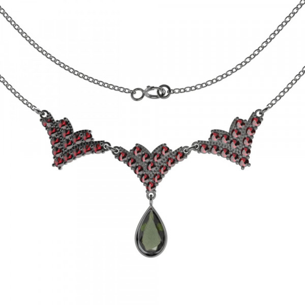 BG stříbrný náhrdelník osázen kameny: granát a vltavín rhutenium 349