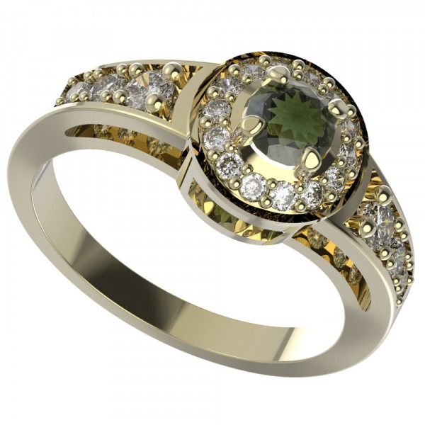BG zlatý prsten vsazeny vltavín a diamanty   651