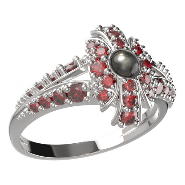 BG stříbrný prsten osázený: přírodní perla a granáty porhodiováno 537G