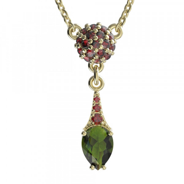 BG zlatý náhrdelník s kameny čs. granát a vltavín   637