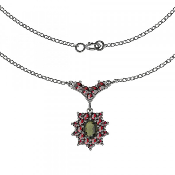 BG stříbrný náhrdelník vsazený granát a vltavín rhutenium 249