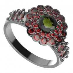 BG stříbrný prsten s kameny čs. granát a vltavín rhutenium 463