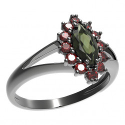 BG stříbrný prsten s kameny čs. granát a vltavín rhutenium 504