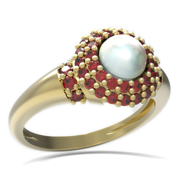 BG stříbrný prsten s přírodní perlou a granáty pozlaceno 540K