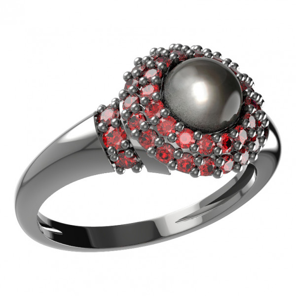 BG stříbrný prsten osázen-bílá perla a granáty rhutenium 540K