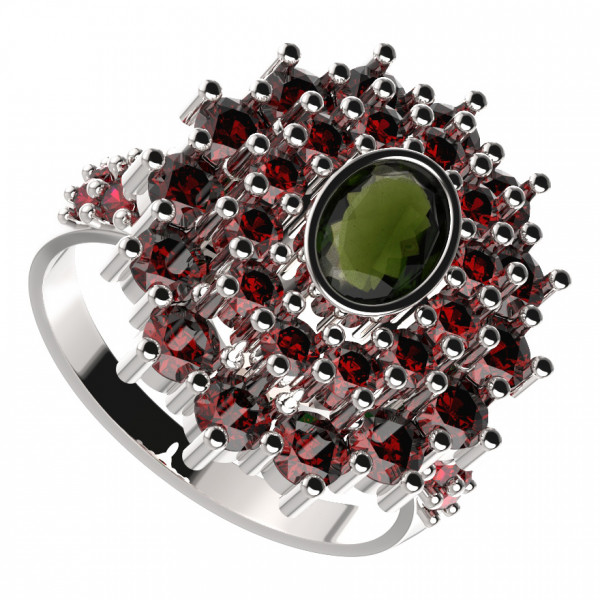 BG stříbrný prsten s českým granátem a vltavínem porhodiováno 021