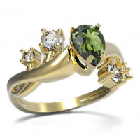 BG zlatý prsten s kubickými zirkony a vltavínem   495P