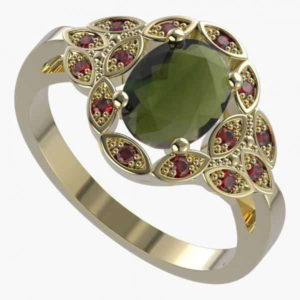 BG zlatý prsten vsazený český granát a vltavín   961