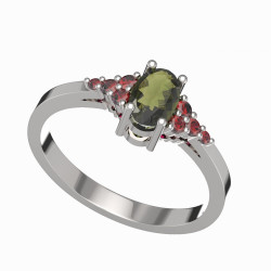 BG stříbrný prsten s přírodním granátem a vltavínem porhodiováno 984